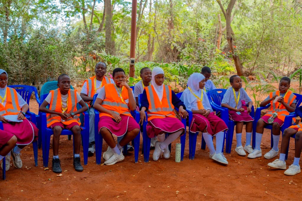 School children in safety vests participating in outdoor environmental workshop in Tanzania